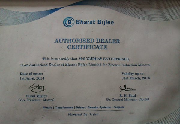 Dealership Certificate For Bharat Bijlee